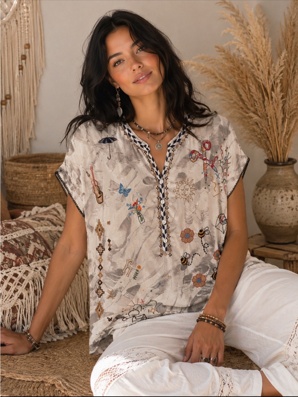 Johnny Was Biya Silk Embroidered Top